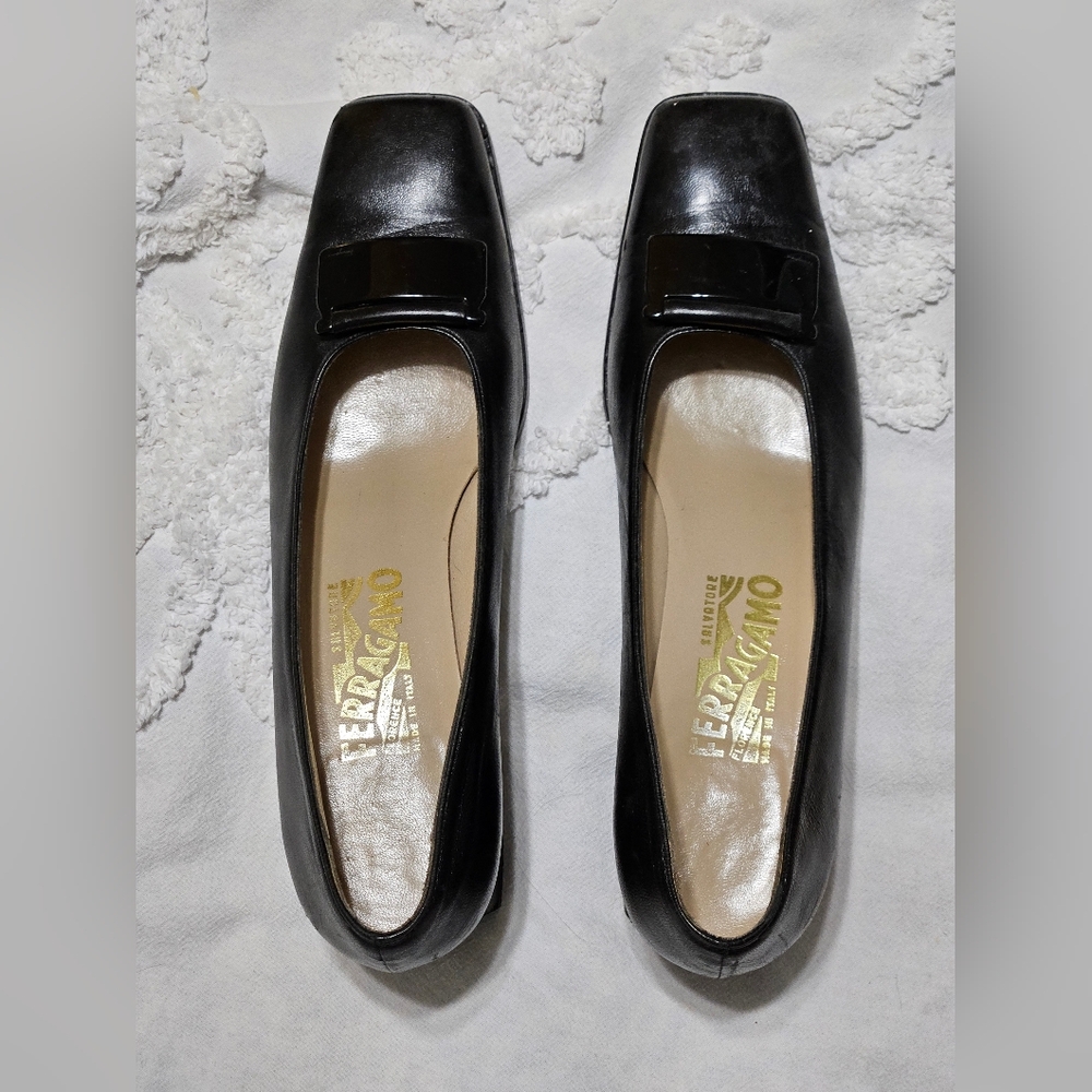 Vintage Salvatore Ferragamo Black Leather Square Toe Heels Pumps Size 9A - Picture 4 of 11